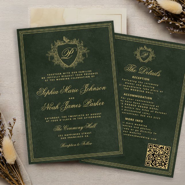Crest monogram QR code emerald green gold wedding Invitation (Creator Uploaded)