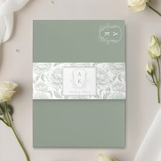 Crest Monogram Sage Green Wedding Invitation Belly Band