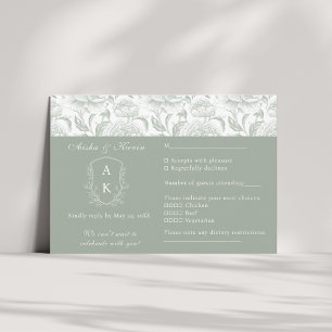 Crest Monogram Sage Green Wedding landscape RSVP Card