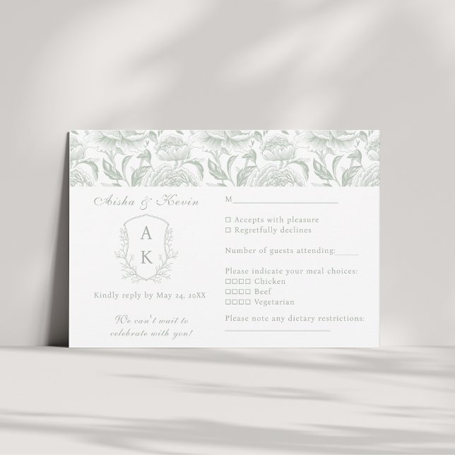 Crest Monogram Sage Green Wedding landscape RSVP Card (Creator Uploaded)