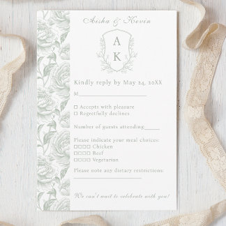Crest Monogram Sage Green Wedding RSVP Card