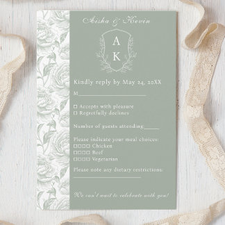 Crest Monogram Sage Green Wedding RSVP Card