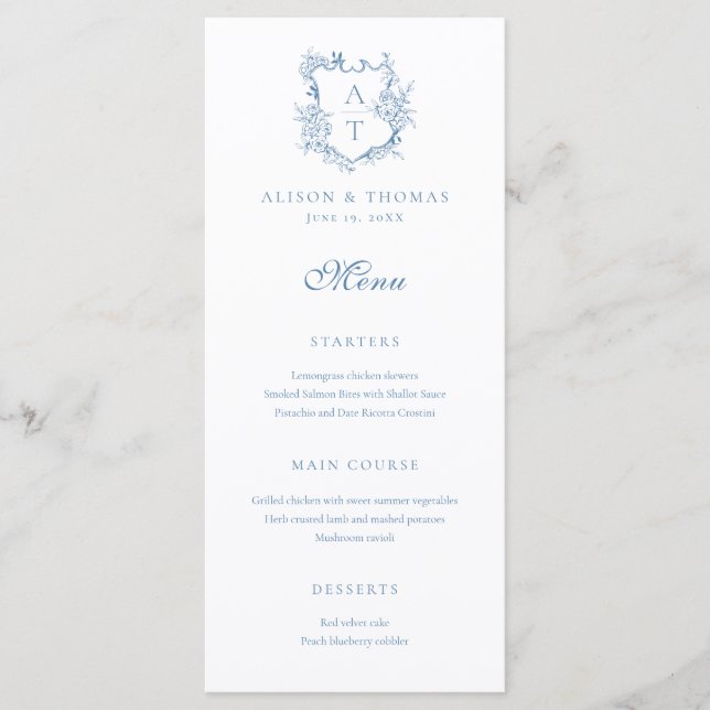 Crest Monogram Vibrant Blue Wedding Menu (Front)