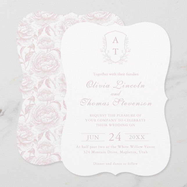 Crest Monogramme rose pâle Faire-part de mariage (Devant / Derrière)