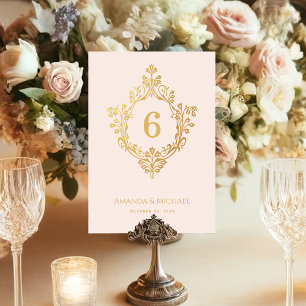 Crest Pink Faux Gold Elegant Vintage Wedding Table Number