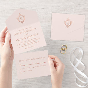 Crest Pink Rose Gold Vintage Wedding Monogram RSVP All In One Invitation