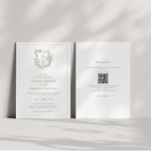 Crest Sage Green Monogram QR Code Wedding Invitation
