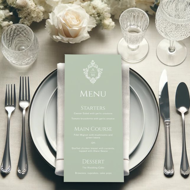 Crest Sage Green Vintage Monogram Elegant Wedding Menu (Creator Uploaded)