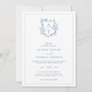Crest Vibrant Blue Monogram QR Code Wedding Invitation