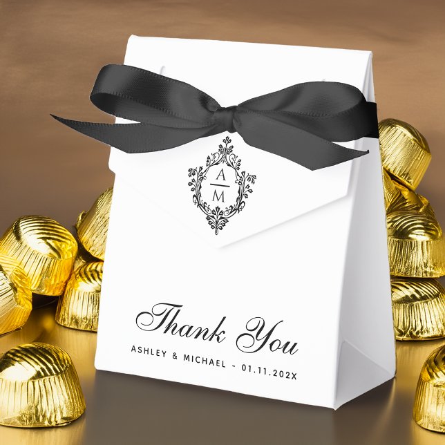 Crest Wedding Monogram Black and White Thank You  Favor Box (Creator Uploaded)