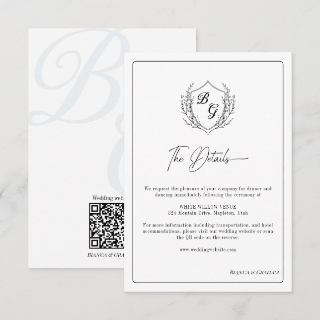 Crest Wedding Monogram black & white details Enclosure Card (Front/Back)