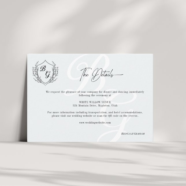 Crest Wedding Monogram black & white QR details Enclosure Card (Creator Uploaded)