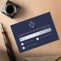 Crest Wedding Monogram Navy Blue Faux Silver Foil