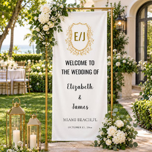 Crest Wedding Welcome Sign, Elegant Fabric Banner