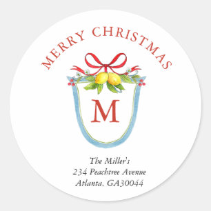 Crest with Lemons and bow Monogram Christmas Classic Round Sticker