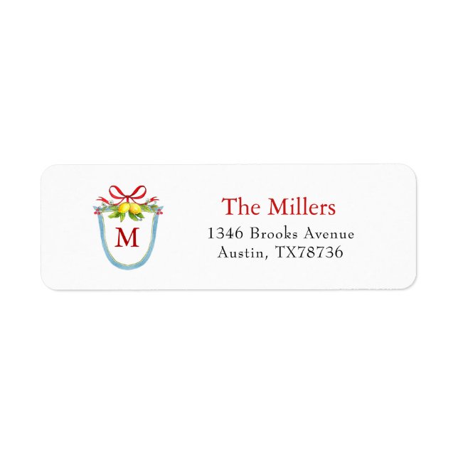 Crest with Lemons & Bow Monogram Holiday Label (Front)