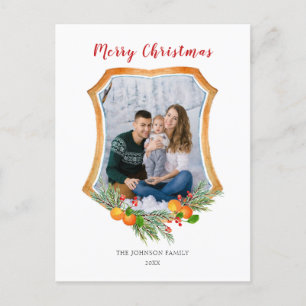 Crest with winter greenery & Citrus Family Photo Holiday Postcard