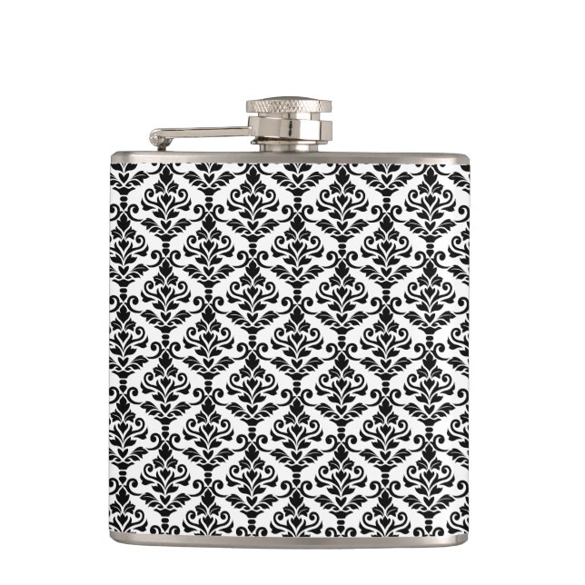 Cresta Damask Repeat Pattern Black on White Hip Flask (Front)