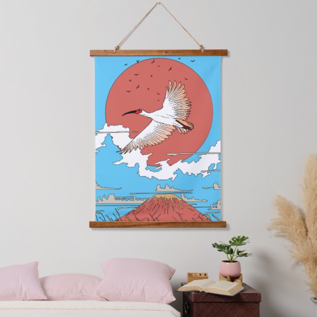 Crested Ibis in Flight Hanging Tapestry (Bedroom)