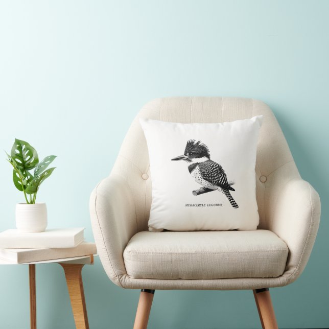 Crested Kingfisher Monochrome Throw Pillow (Chair)