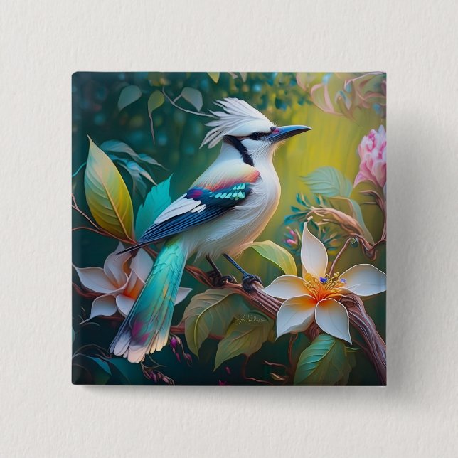 Crested Teal Winged Jay 2 Inch Square Button (Front)