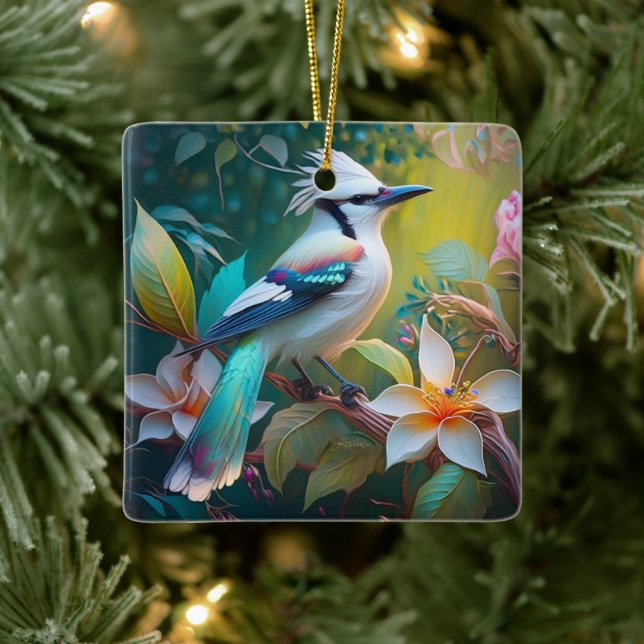 Crested Teal Winged Jay Ceramic Ornament (Tree)
