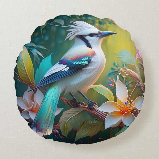 Crested Teal Winged Jay Round Pillow (Front)