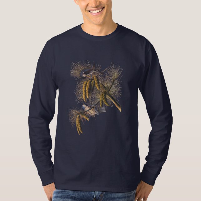 Crested Titmouse Audubon Bird in Pine Tree T-Shirt (Front)
