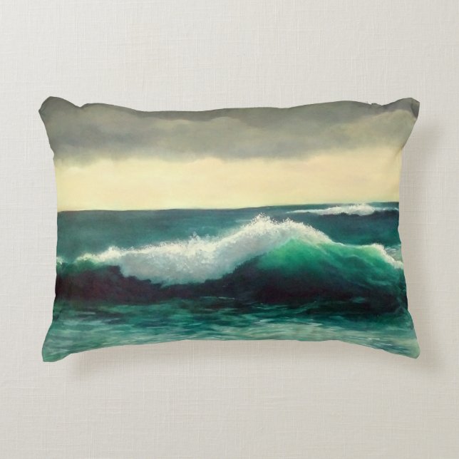 Cresting Wave Seascape Painting, Turbulent Seas Accent Pillow (Front)