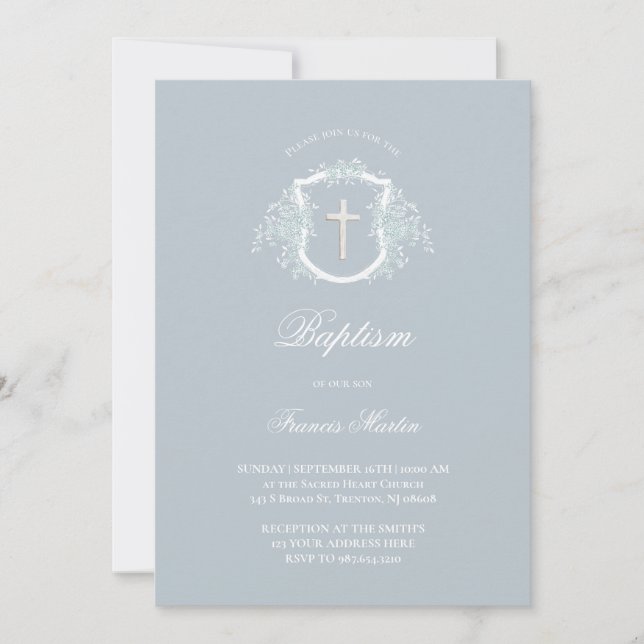 crête florale bleue | Invitation au baptême (Devant)