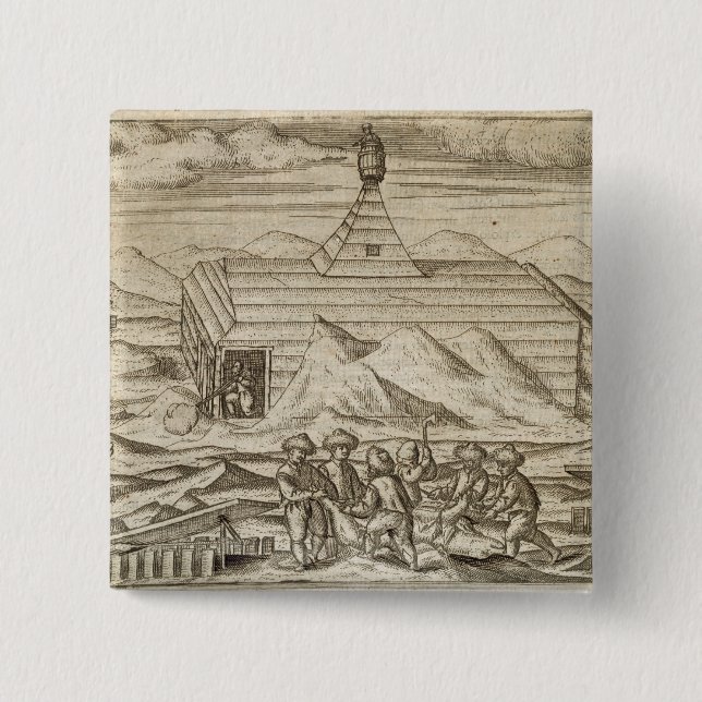 Crew killing and skinning bears, outside  the cabi 2 inch square button (Front)