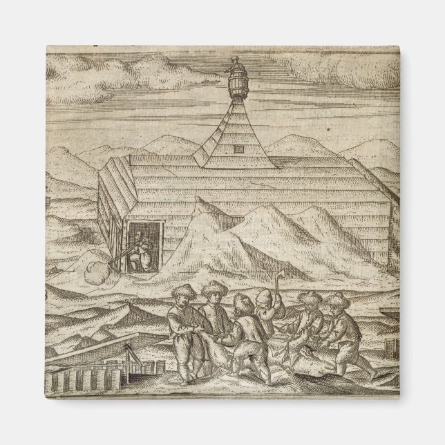 Crew killing and skinning bears, outside  the cabi magnet (Front)