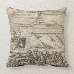 Crew killing and skinning bears, outside  the cabi throw pillow