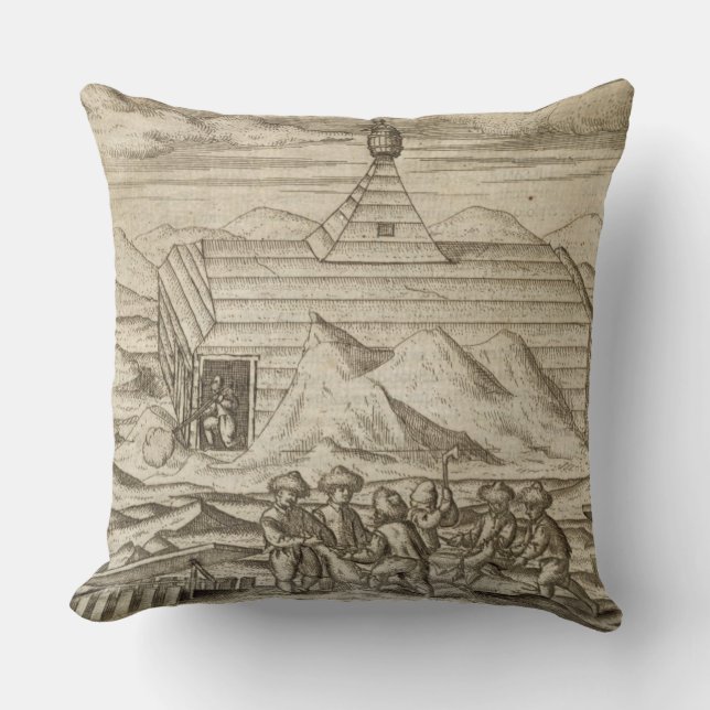 Crew killing and skinning bears, outside  the cabi throw pillow (Front)