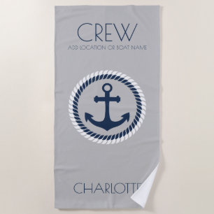 Crew Member Nautical Anchor Boat Name Personalized Beach Towel