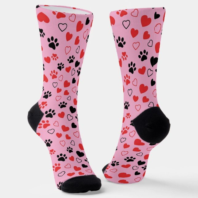 Crew Red and Black Paw Print and Heart Pattern Soc Socks (Angled)