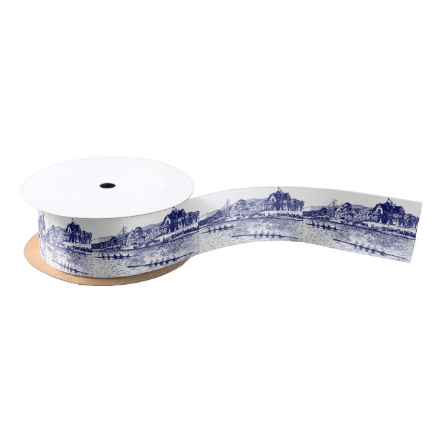 Crew Rowers Race With Boathouse Blue Satin Ribbon (Spool)