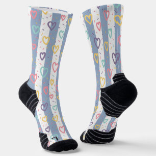 Crew Socks Pink & White Stripe Colorful Hearts