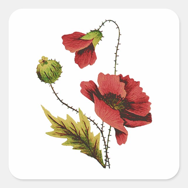 Crewel Embroidery Red Poppy Square Sticker (Front)