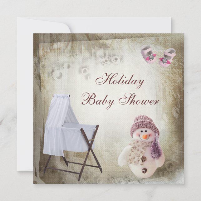 Crib & Pink Snowman Holiday Baby Shower Invitation (Front)