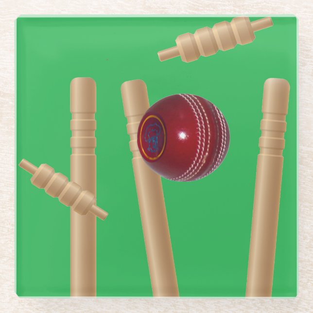 Cricket Ball And Stumps, Glass Coaster (Front)