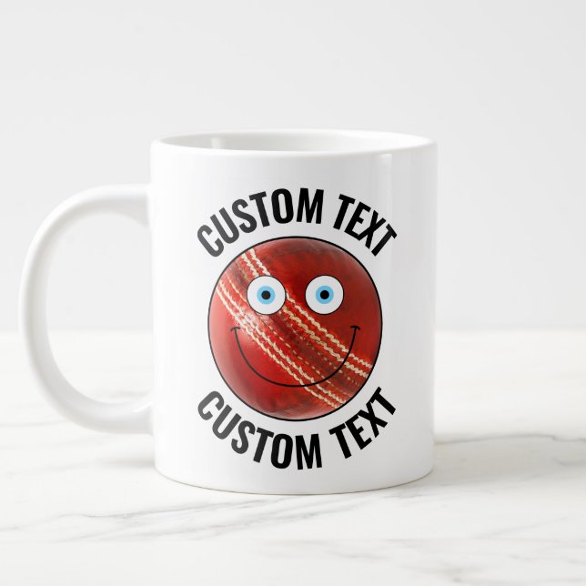 Cricket Ball Custom Happy Face & Personalized Text Large Coffee Mug (Left)