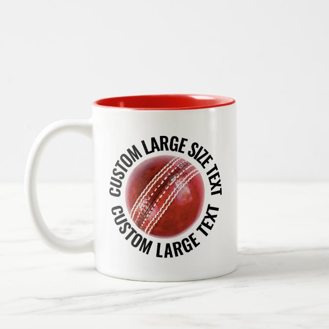 Cricket Ball & Large Text RED 11oz Custom Two-Tone Coffee Mug (Left)