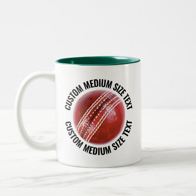 Cricket Ball, Medium Text HUNTER GREEN 11oz Custom Two-Tone Coffee Mug (Left)