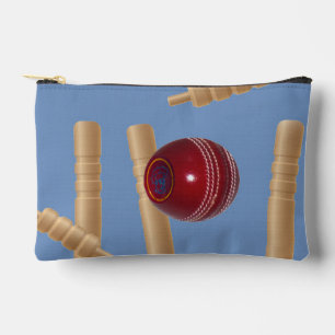Cricket Ball On Blue Smashing Cricket Stumps, Accessory Pouch
