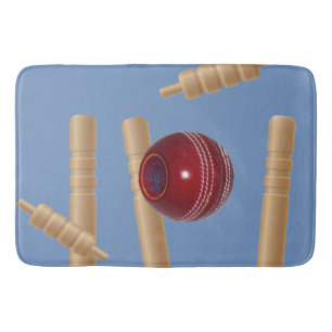 Cricket Ball On Blue Smashing Cricket Stumps, Bath Mat