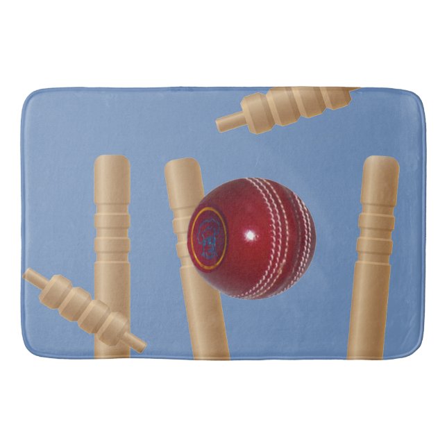 Cricket Ball On Blue Smashing Cricket Stumps, Bath Mat (Front)