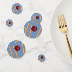 Cricket Ball On Blue Smashing Cricket Stumps, Confetti