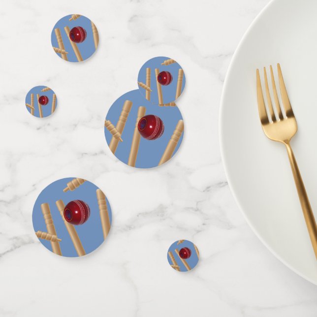Cricket Ball On Blue Smashing Cricket Stumps, Confetti (Group)