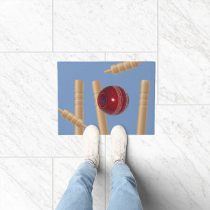Cricket Ball On Blue Smashing Cricket Stumps, Doormat